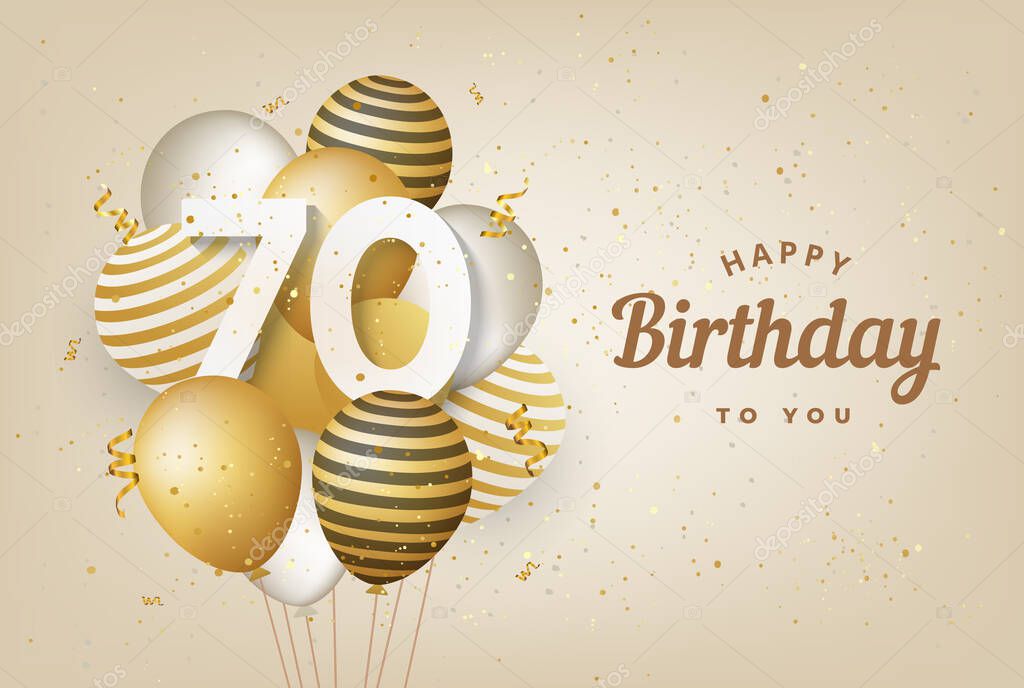 Happy 70th birthday with gold balloons greeting card background. 70 years anniversary. 70th celebrating with confetti. Vector stock