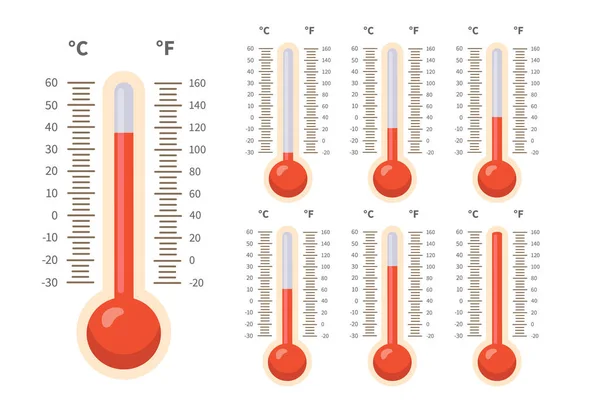 Termómetros Vermelhos Com Diferentes Níveis Isolados Sobre Fundo Branco Escala —  Vetores de Stock