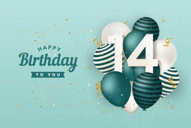 Yeşil balonların tebrik kartı geçmişiyle 14. doğum günün kutlu olsun. 14. yıl dönümü. 14. Kutlama konfetiyle. Vektör deposu