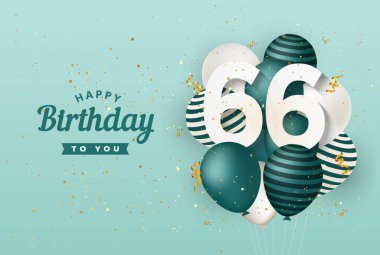 Yeşil balonların tebrik kartı geçmişiyle 66. doğum günün kutlu olsun. 66. Yıl dönümü. 66. kutlamada konfeti var. Vektör deposu