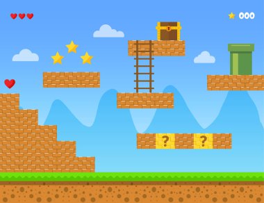 Eski bir video oyunu geçmişi. Platform oyun tasarımı. Vektör deposu