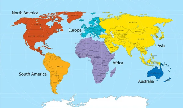 Mapa Del Mundo Dividido Seis Continentes Diferentes Colores Mapa Del — Vector de stock