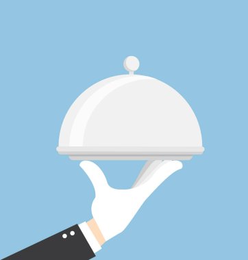 Garson el gümüş tepsiyi tutuyor. Yemek servisi yapan restoran. konsept. Vektör deposu