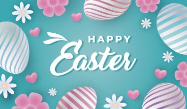 Renkli yumurtalar ve çiçeklerle dolu mutlu Paskalya tebrik kartları. Vektör deposu