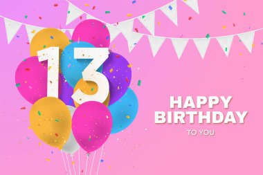 Balonların tebrik kartı geçmişiyle 13. doğum günün kutlu olsun. 13. yıl dönümü. 13. doğum gününü konfetiyle kutlayacağız. İllülasyon stoku