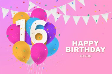 16. yaş günün kutlu olsun balonlar tebrik kartı geçmişi. 16. yıl dönümü. Konfetiyle kutlayan 16. kişi. İllülasyon stoku