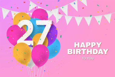 Mutlu 27. yaş günü balonları tebrik kartı geçmişi. 27. yıldönümü. Konfetiyle kutlanan 27. parti. İllülasyon stoku