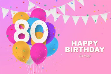 Mutlu 80. yaş günü balonları tebrik kartı geçmişi. Seksen yıl dönümü. 80. doğum gününü konfetiyle kutluyoruz. İllülasyon stoku