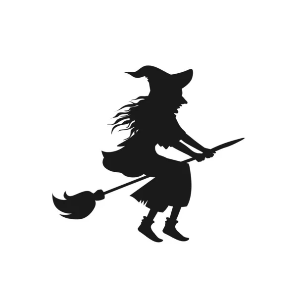 Hexensilhouette Fliegt Auf Einem Besen Isoliert Auf Weißem Hintergrund Halloween — Stockvektor