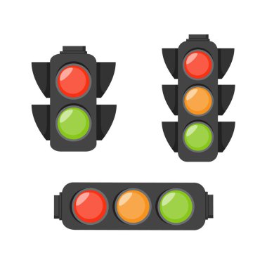 Beyaz arka planda izole edilmiş farklı trafik ışıkları. Düz stil trafik lambası seti. Vektör deposu