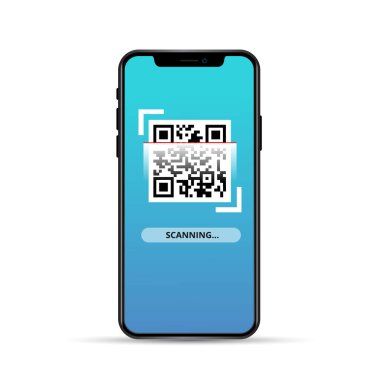 Beyaz arkaplanda akıllı telefondan QR kodunu tara. Doğrulama konsepti. Vektör deposu