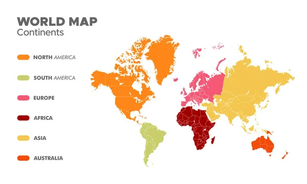 Weltkarte Aufgeteilt Sechs Kontinente Unterschiedlicher Farbe Weltkarte Kontinente Isoliert Auf — Stockvektor