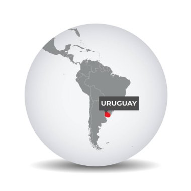 Uruguay 'ın kimliğine sahip dünya haritası. Uruguay haritası. Gri politik 3D kürede Uruguay. Güney Amerika haritası. Vektör deposu.