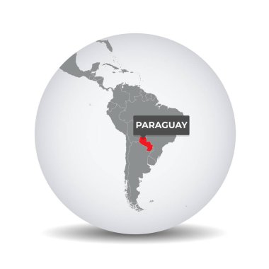Paraguay 'ın tanımlı dünya haritası. Paraguay haritası. Paraguay, gri politik 3D kürede. Güney Amerika haritası. Vektör deposu.