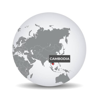 Kamboçya 'nın kimliğine sahip dünya haritası. Kamboçya haritası. Kamboçya, gri politik 3D dünya üzerinde. Asya haritası. Vektör deposu.