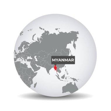 Myanmar 'ın kimliğine sahip dünya haritası. Myanmar haritası. Myanmar, gri politik 3D kürede. Asya haritası. Vektör deposu.