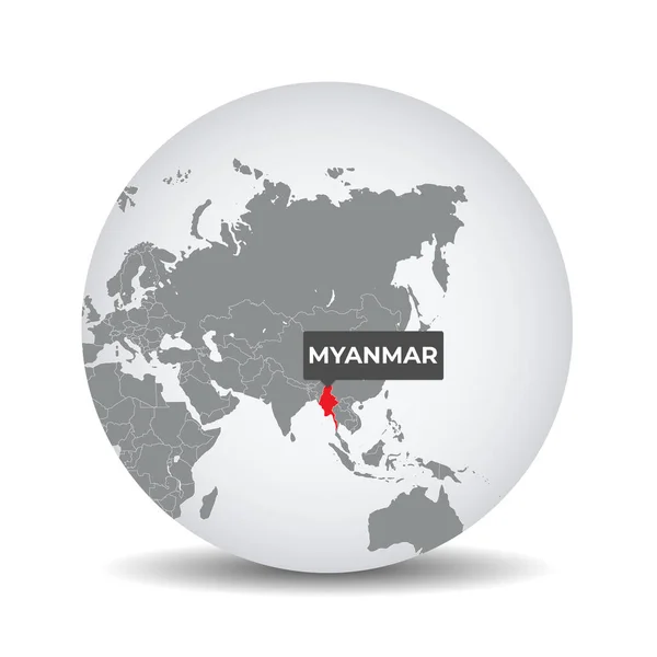 Карта Мира Идентификацией Мьянмы Карта Мьянмы Мьянма Сером Политическом Глобусе — стоковый вектор