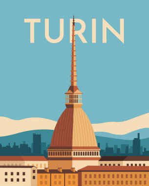 Torino Skyline modern poster çizimi düz stil. İş seyahati ve turizm konsepti. Vektör deposu