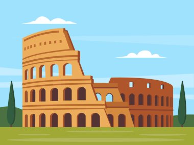 Düz sahne arkaplanlı Roma kolezyumu. Vektör deposu