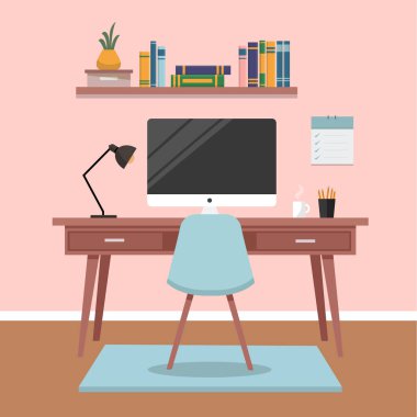 Modern ofis masası düz stil. Çalışma alanı arkaplanı. Vektör deposu