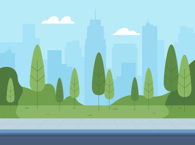 Doğa manzarası ve binaları olan bir parkın yolu. Yeşil park manzarası. Vektör deposu