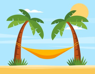 Avuçları ve hamağı olan kumsal. Vektör deposu