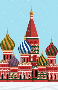 St. Basil Katedrali, Moskova 'daki Kızıl Kare binaları. Kış manzarası poster tasarımı. Popüler turist mimarisi. Vektör deposu