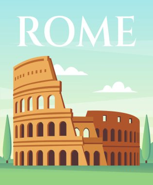 Roma modern poster illüstrasyonları düz stil. Seyahat ve turizm konsepti tasarımı. Vektör deposu
