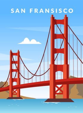 Golden Gate Köprüsü modern poster çizimi düz stil. Seyahat ve turizm konsepti tasarımı. San Francisco, Amerika Birleşik Devletleri seyahat bayrağı. Vektör deposu