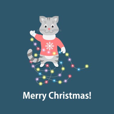 Garland üzerinde mavi arka plan ile Noel kedi