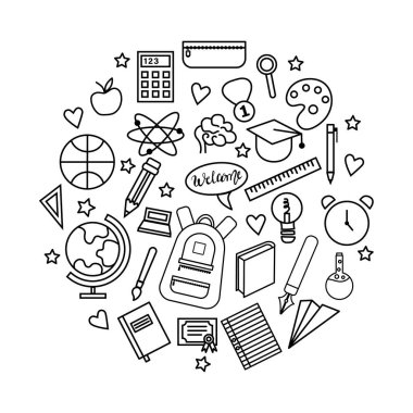 Okul eğitim simgesine dönüş çizgisi biçimli çember tamplete. Logo, pictogram, tasarım bilgi ögeleri