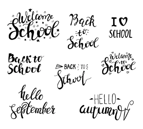 Ritorno alle etichette scolastiche, set biglietti di auguri. Citazione vettoriale I love school, lettering. — Vettoriale Stock