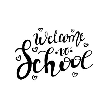 Okul fırçası harfleri posterine, afişe, kartpostal tasarımına, beyaz arka planda izole edilmiş vektör illüstrasyonuna tekrar hoş geldiniz. El yazısı. Okul posterine, afişine, kartına hoş geldin.