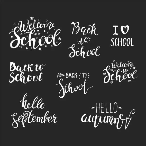 Back to school labels, greeting cards set. Vector quote I love school, Back to school sale with hearts, stars, airplane. — Stock Vector