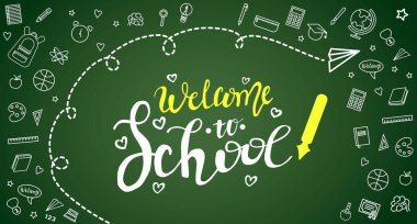 Okul fırçası posteri, afiş, kartpostal tasarımı, yeşil arka planda izole edilmiş vektör illüstrasyonu. Okul posterine, afişine, kartına el yazısıyla yazılmış.