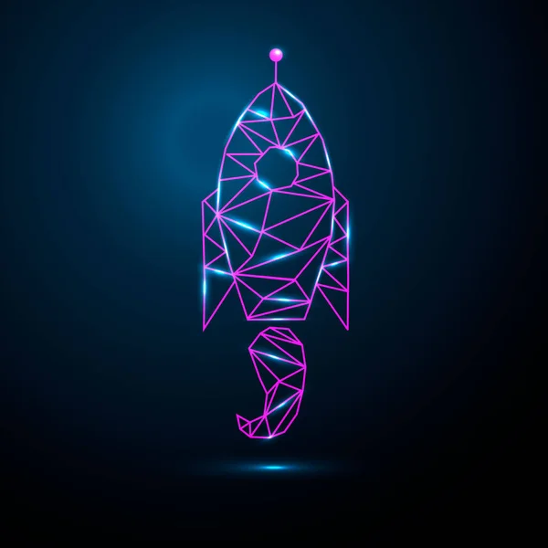 Conceito de negócio, inicialização de foguetes, neon.isolated brilhante a partir de wireframe baixo poli em um fundo azul. Vetor abstrato geométrico imagem poligonal mash linha e ponto . —  Vetores de Stock