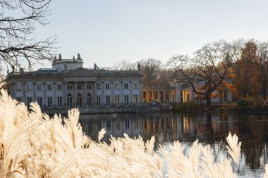 Ada 'daki saray suya, Lazienki Park Varşova sonbahar güneşine yansıdı.