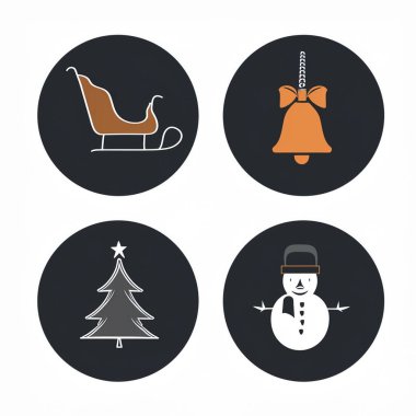 Noel bayramı ikonu setinde şeker kamışı, kardan adam, hediye kutusu, zil, yıldız, zencefilli çörek, süs ve süslemeler gibi şenlikli kış öğeleri yer alıyor. Kırmızı, yeşil ve altın rengi palette düz vektör çizimi. Mevsimlik tasarım için uygun, adver