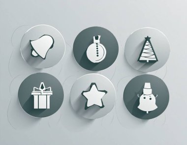 Noel bayramı ikonu setinde şeker kamışı, kardan adam, hediye kutusu, zil, yıldız, zencefilli çörek, süs ve süslemeler gibi şenlikli kış öğeleri yer alıyor. Kırmızı, yeşil ve altın rengi palette düz vektör çizimi. Mevsimlik tasarım için uygun, adver