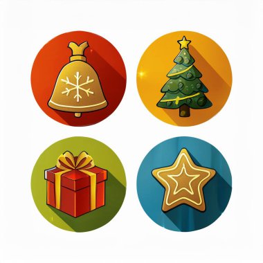 Noel bayramı ikonu setinde şeker kamışı, kardan adam, hediye kutusu, zil, yıldız, zencefilli çörek, süs ve süslemeler gibi şenlikli kış öğeleri yer alıyor. Kırmızı, yeşil ve altın rengi palette düz vektör çizimi. Mevsimlik tasarım için uygun, adver