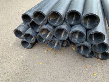 HDPE water supply pipes for construction in the city, repair process of urban water supply systems. HDPE is high density polyethylene.