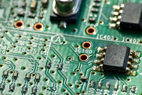 Enfoque Selectivo Macrofotografía Primer Plano Extremo Circuito Electrónico Integrado Microchip — Foto de Stock