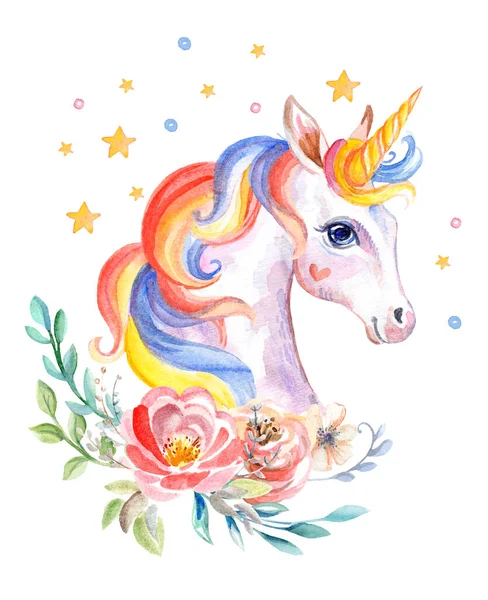 Nette Träumende Romantische Einhorn Mit Blumen Aquarell Illustration Isoliert Auf — Stockfoto