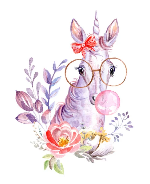 Aranyos Álmodozó Unikornis Szemüvegben Rágógumi Virágok Akvarell Illusztráció Elszigetelt Fehér — Stock Fotó