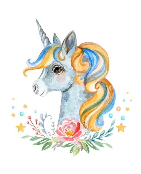 Lindo Unicornio Romántico Perfil Con Flores Srars Ilustración Acuarela Aislada — Foto de Stock