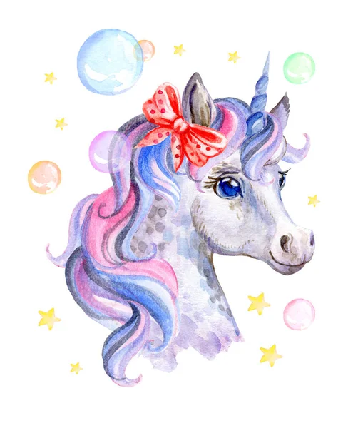 Cute dreaming romantic unicorn with soap bubbles and bow, watercolor illustration isolated on white background for celebration, birthday, baby shower, greeting cards, print, design, wallpaper.