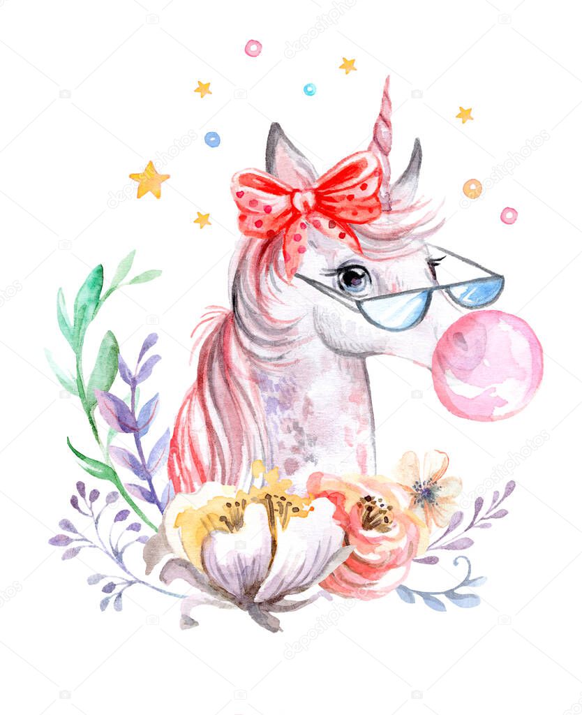 Cute dreaming unicorn in glasses with bubble gum and stars and flowers, watercolor illustration isolated on white for celebration, birthday, baby shower, greeting cards, print, design, wallpaper.