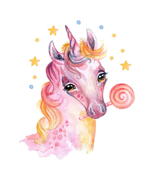 Cute Dreaming Cozy Unicorn Candy Stars Watercolor Illustration Isolated White — стоковое фото