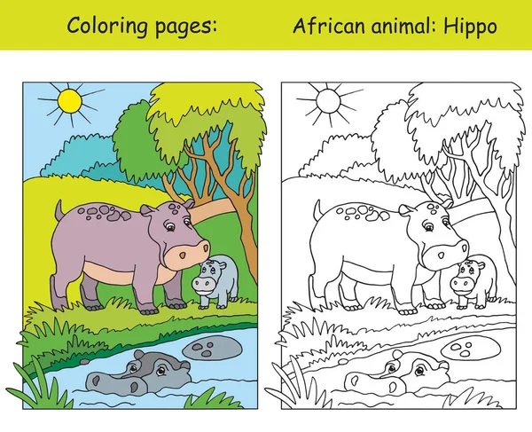 Coloriages Vectoriels Avec Une Jolie Famille Hippopotames Dans Zone Africaine — Image vectorielle