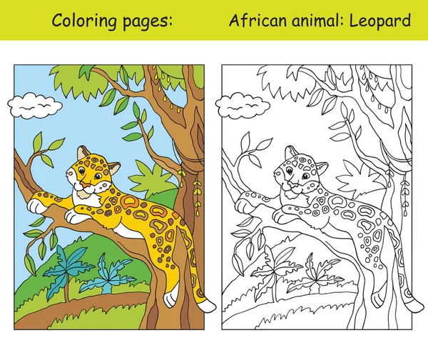 Wektor Kolorowanki Cute Lampart Afrykańskim Obszarze Kreskówka Izolowane Kolorowe Ilustracje — Wektor stockowy